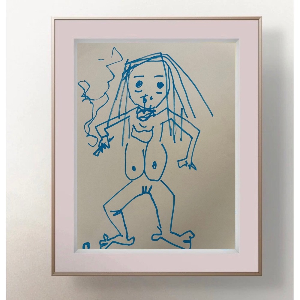 OMAN Original Drawing Blue Ink Nude Figure Smoking Spiritual Folk Art 8.5x11